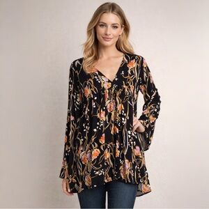 Free People Black Floral Bella Blouse-size Medium